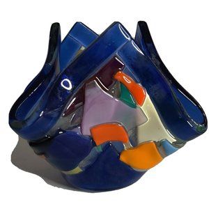 Vintage Italy Handmade Fused Art Glass Handkerchief Blue Multicolor Votive Bowl